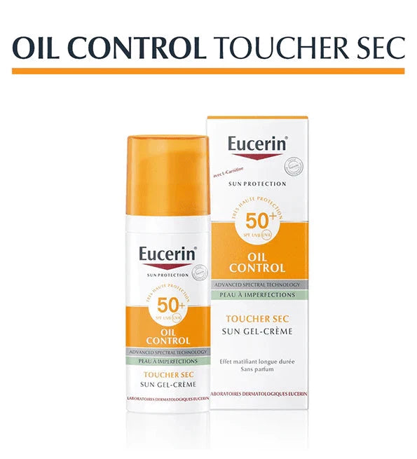 Texte alternatif SEO détaillé : "Eucerin Sun Protection Oil Control SPF50+ pack coffret gel-crème anti-brillance matité protection solaire peaux grasses dermopure gel nettoyant voyage