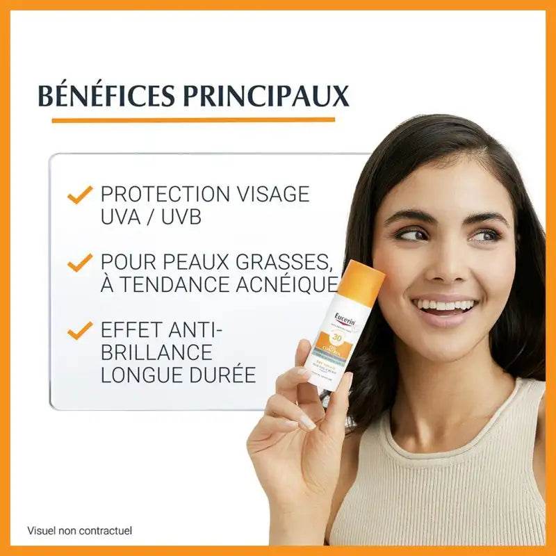 Application quotidienne Eucerin Sun Protection Oil Control SPF50+ et DERMOPURE Gel Nettoyant sur visage - Gestes d'application du duo protection solaire anti-brillance et nettoyant purifiant - Routine beauté peaux grasses matin et soir 