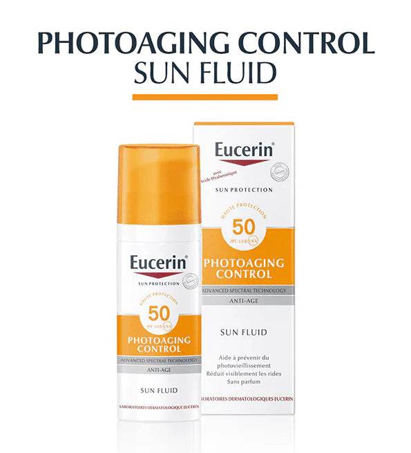Eucerin Sun Protection Photoaging Control Fluid SPF50+ 50ml tube blanc orange anti-âge solaire protection très haute dermatologie expertise scientifique avancée