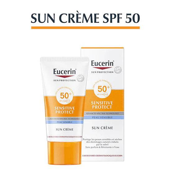 Eucerin Sun Protection SPF50+ Sensitive Protect application visage peaux sensibles protection solaire quotidienne dermatologie recommandée cliniquement testée