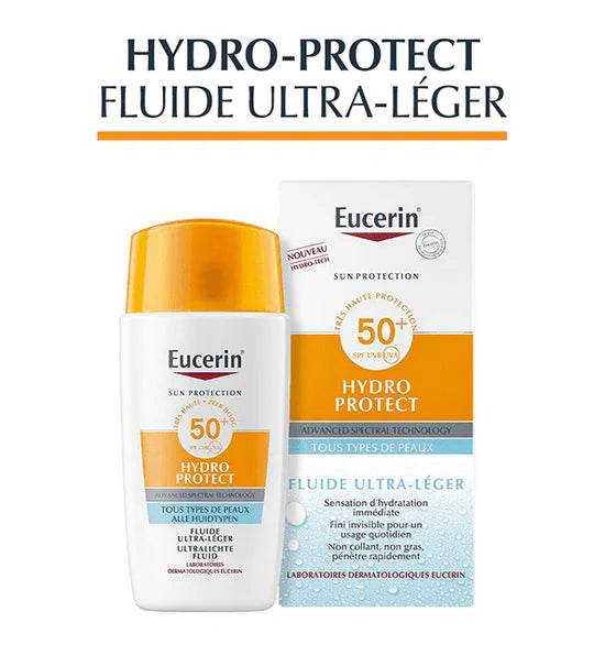 ucerin Hydro Protect Fluide Ultra Léger SPF50+ 50ml tube blanc bleu protection solaire hydratation tous types peaux format voyage dermatologie