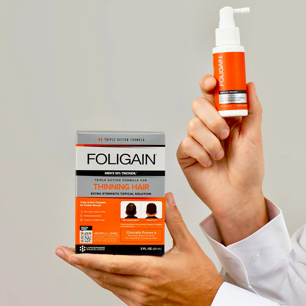 Foligain bénéfices triple action anti-chute trioxidil 10% ultra-concentré densité volume traitement intensif homme - novaparapharmacie