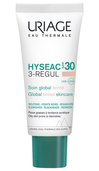 URIAGE HYSÉAC 3 Regul Soin Global Teinté SPF30 40ml tube blanc vert peaux acnéiques matifiant teinté protection - novaparapharmacie