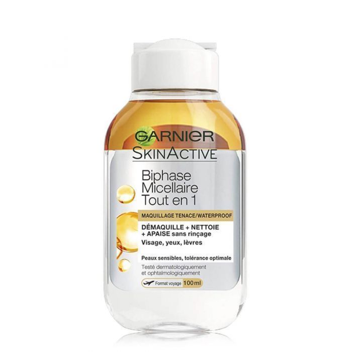 Garnier SkinActive Eau micellaire Biphasé 100ml démaquillant waterproof yeux lèvres maquillage tenace format voyage - novaparapharmacie