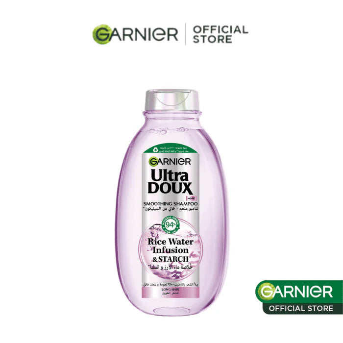 GARNIER Ultra Doux Shampoing Rice Water Eau de Riz flacon blanc cheveux fins dévitalisés volume naturel brillance - novaparapharmacie