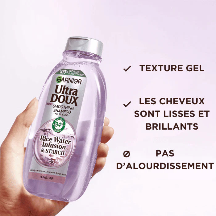 GARNIER Ultra Doux Shampoing Rice Water vue alternative cheveux fins dévitalisés volume naturel brillance nettoyage - novaparapharmacie