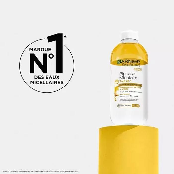 Garnier SkinActive Eau micellaire Biphasé 100ml démaquillant waterproof yeux lèvres maquillage tenace format voyage - novaparapharmacie
