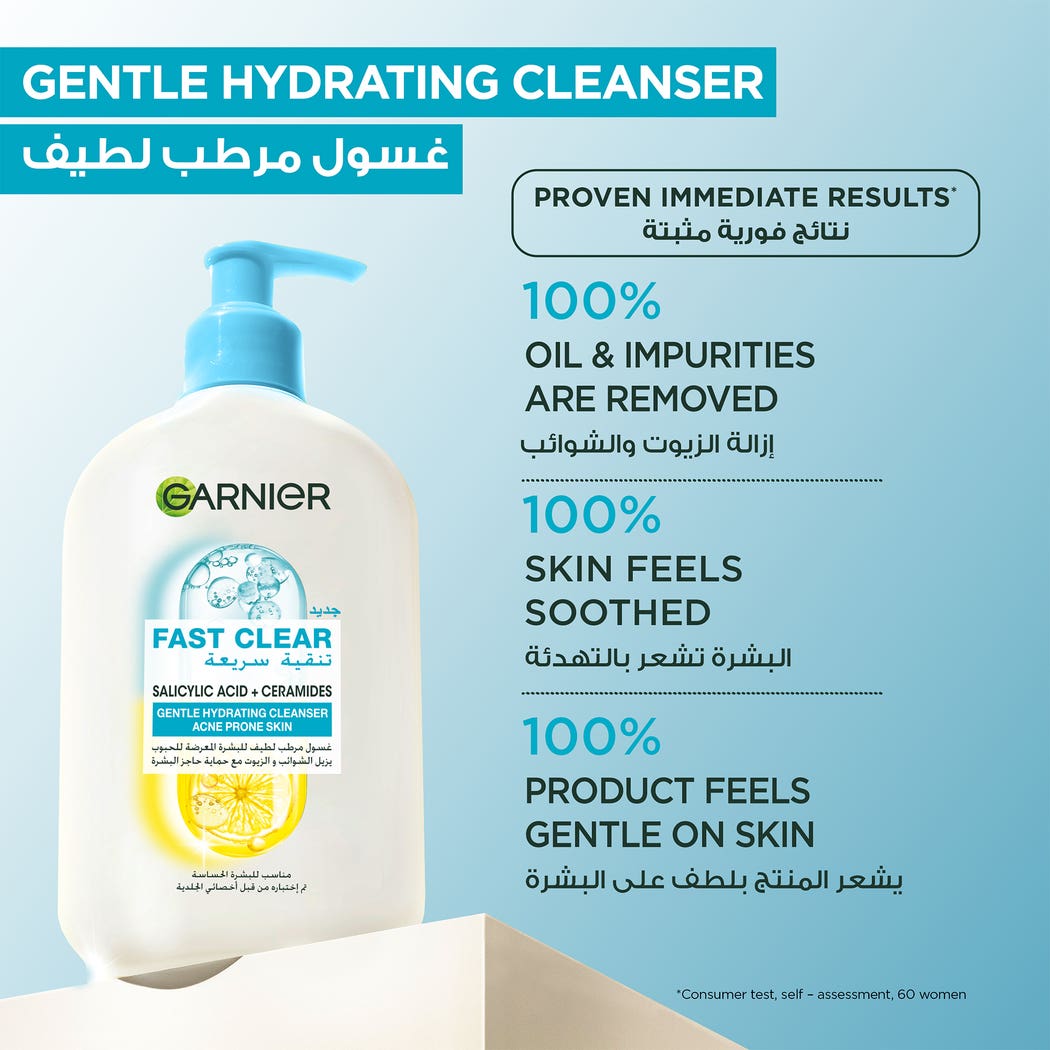 Garnier Fast Clear Gentle Cleanser 250ml application nettoyant visage doux anti-imperfections peau sensible mode emploi quotidien -novaparapharmacie