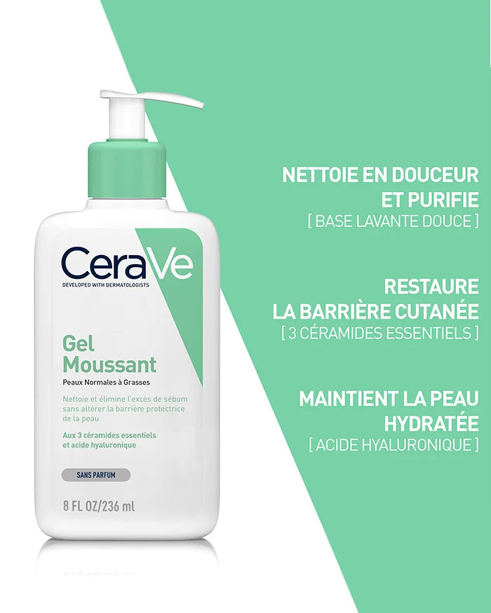 CERAVE Gel Nettoyant Moussant 3 bénéfices purification équilibre peaux normales grasses céramides peau propre fraîche - novaparapharmacie