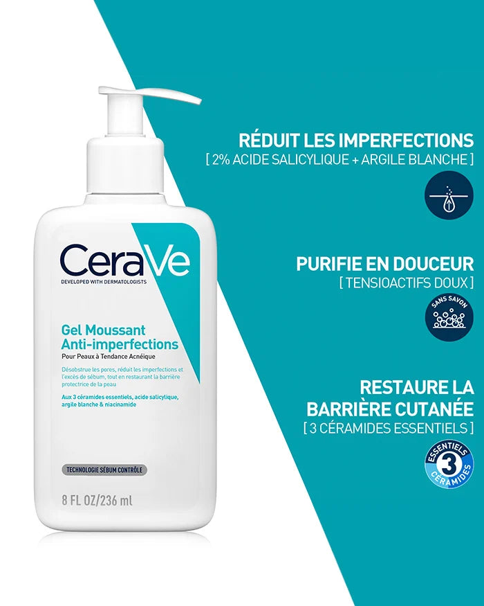 CERAVE Gel Moussant Anti-Imperfections 3 bénéfices purification peaux acnéiques céramides acide salicylique peau nette - novaparapharmacie