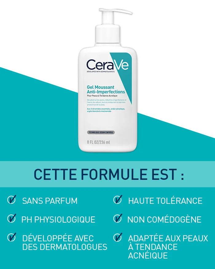 CERAVE Gel Moussant Anti-Imperfections bénéfices purification peaux acnéiques céramides acide salicylique anti-boutons - novaparapharmacie