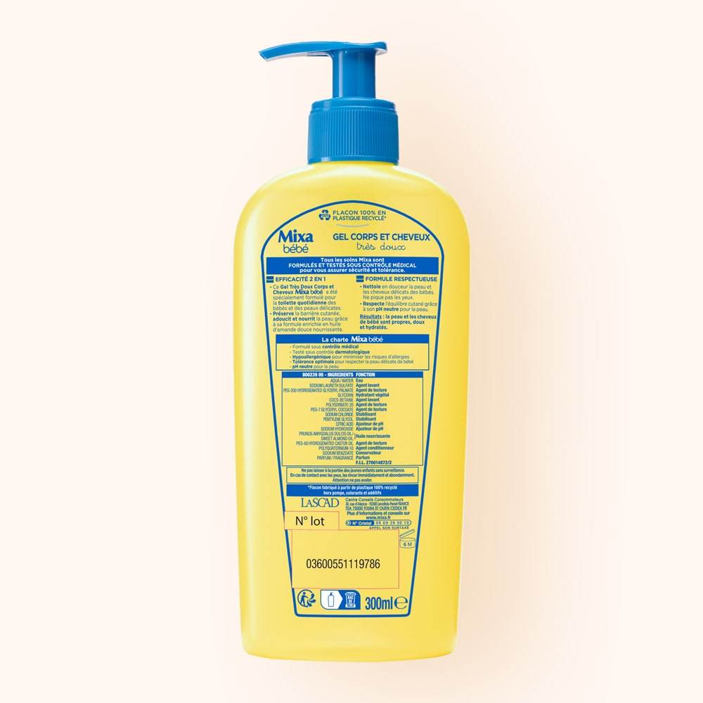 MIXA Bébé Gel Corps & Cheveux Très Doux 2en1 300ml Gel Lavant Hypoallergénique Peau Sensible Nouveau-né Formule Douce - Nova Parapharmacie