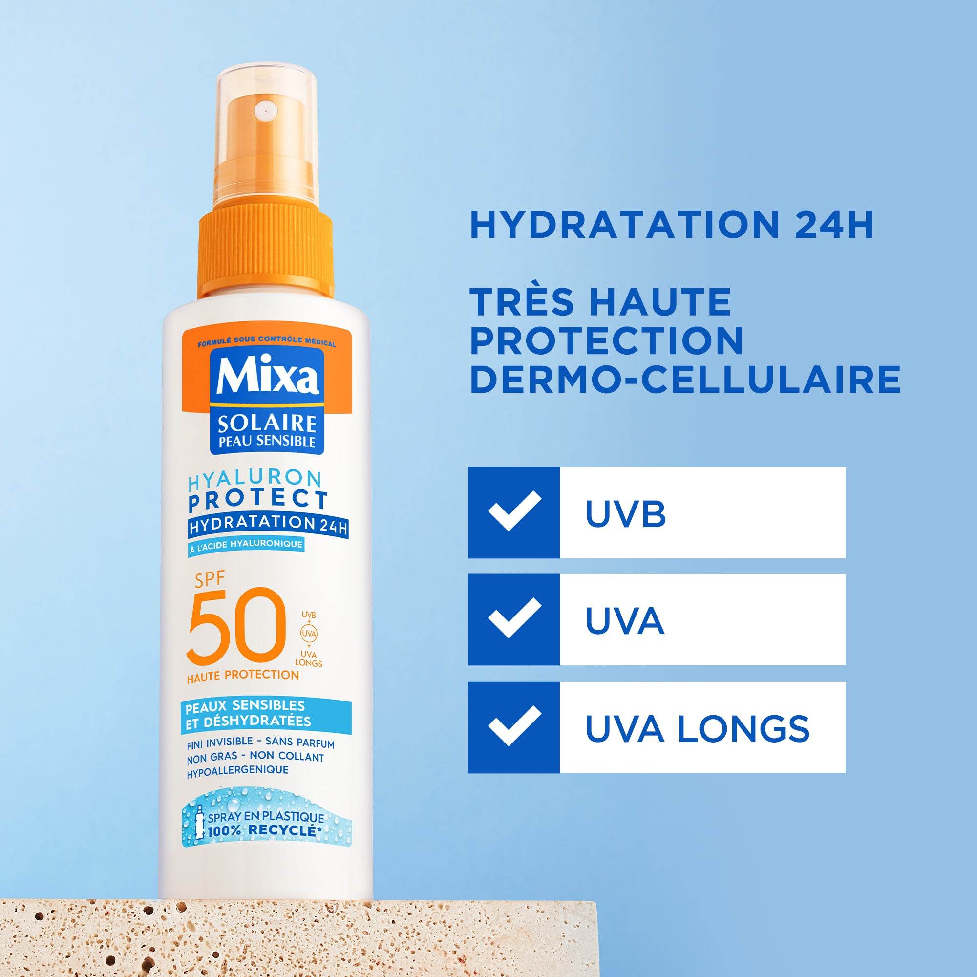 MIXA Solaire Spray Hyaluron Protect SPF50+ 150ml Protection Solaire Anti-Âge Acide Hyaluronique Hydratation Intense - Nova Parapharmacie