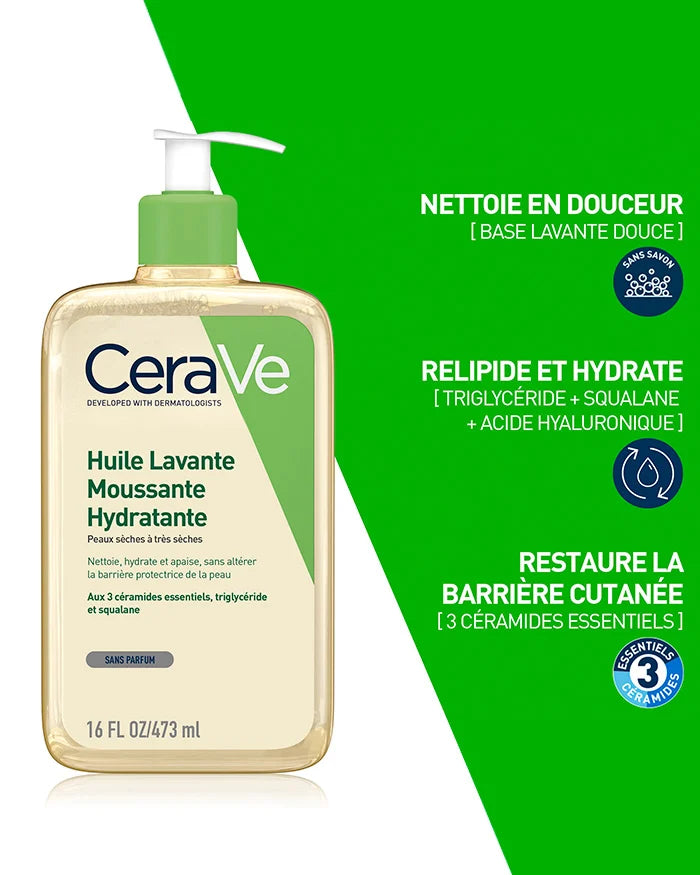 CERAVE Huile Lavante Moussante 3 bénéfices hydratante nettoyage doux peaux sèches céramides peau propre douce hydratée - novaparapharmacie