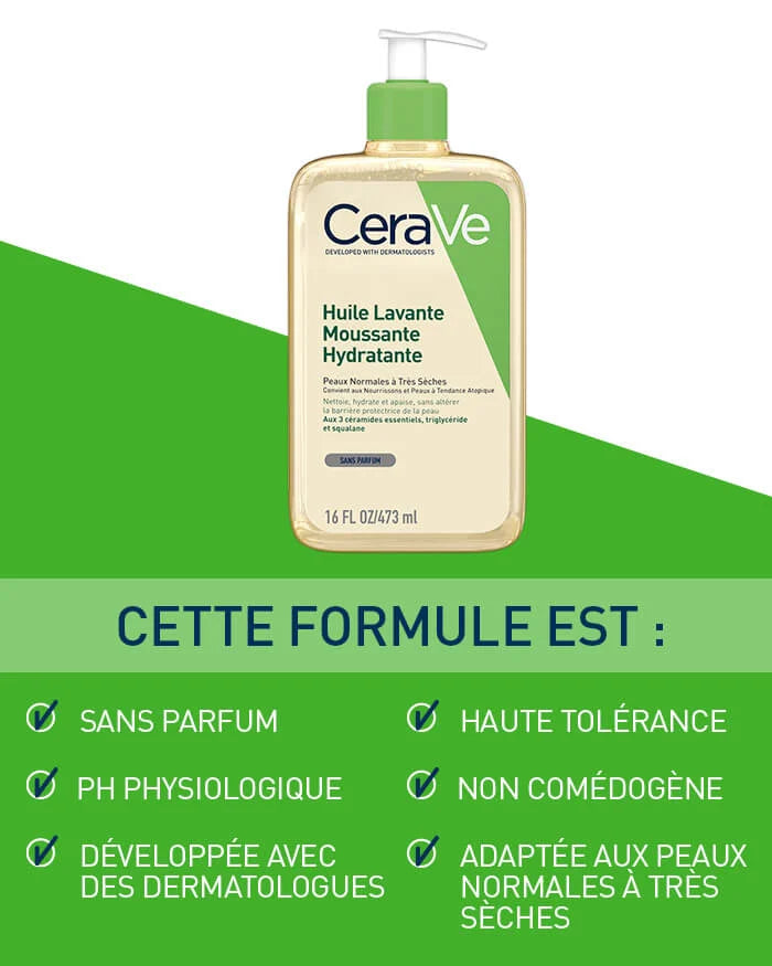 CERAVE Huile Lavante Moussante bénéfices hydratante nettoyage doux peaux sèches céramides peau nette confort hydratation - novaparapharmacie