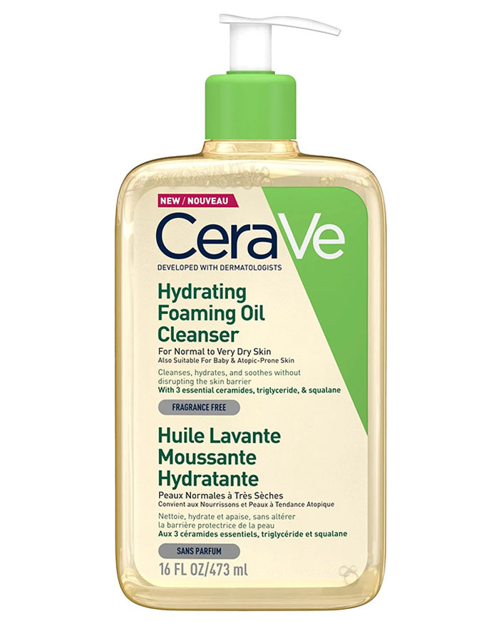 CERAVE Huile Lavante Moussante 473ml flacon pompe blanc vert hydratante nettoyage doux peaux sèches céramides visage corps - novaparapharmacie

