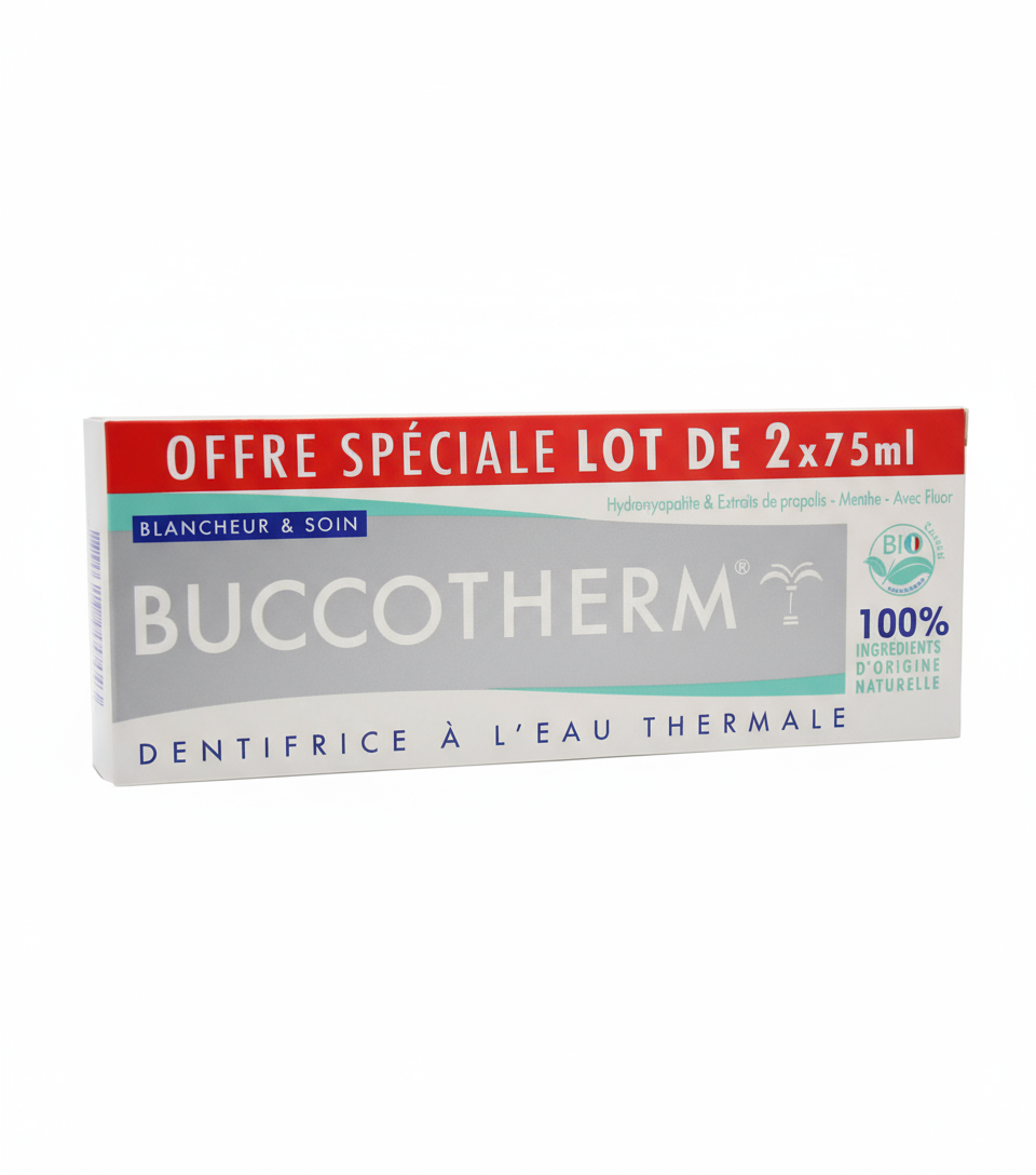 Buccotherm Dentifrice Blancheur Soin 75ml x2 Pack duo blancheur agents doux eau thermale dents sensibles protège - novaparapharmacie