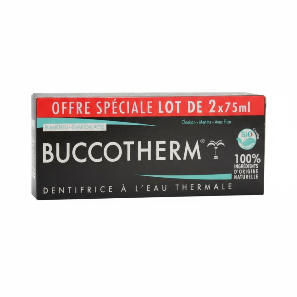 Pack Buccotherm Dentifrice Charbon Noir 75ml x2 format duo économique blancheur dents sensibles charbon - novaparapharmacie
