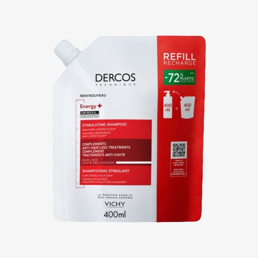 Vichy Dercos Shampooing Éco-Recharge Énergisant Anti-Chute 400ml stimulant croissance cheveux Aminexil vitamines réduit chute renforce densifie - novaparapharmacie