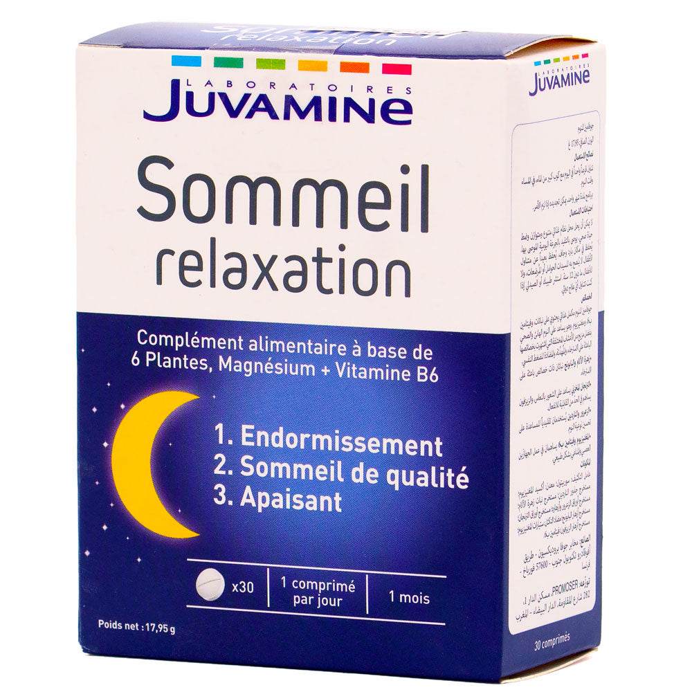 Juvamine Sommeil Relaxation 30 comprimés nuits paisibles mélatonine passiflore favorise endormissement sommeil réparateur - novaparapharmacie