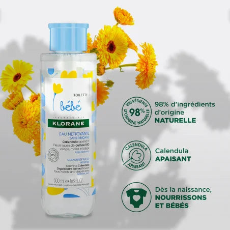 KLORANE Bébé packaging eau nettoyante calendula sans rinçage bébé nourrisson nettoyage douceur grand format 500ml - novaparapharmacie