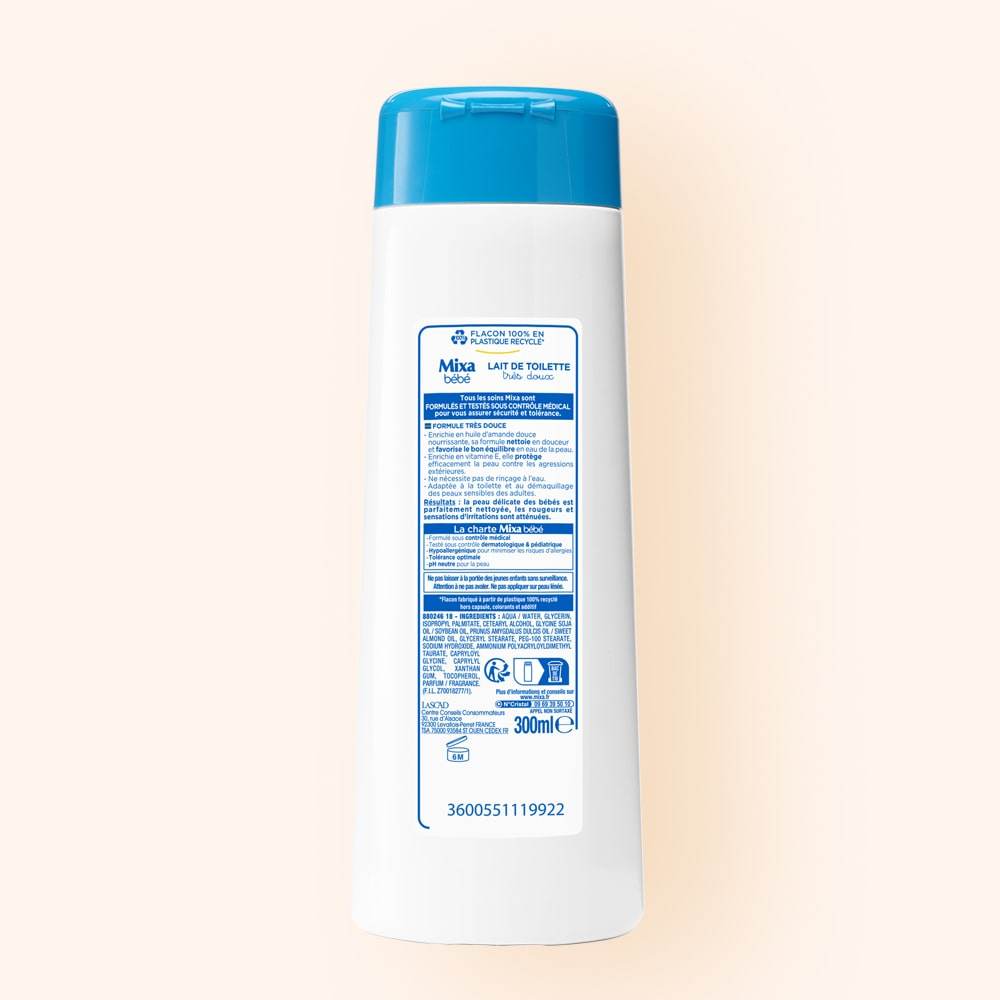MIXA Lait de Toilette Très Doux 300ml Nettoyant Corps Visage Bébé Hypoallergénique Peau Sensible Formule Douce Sans Rinçage - Nova Parapharmacie