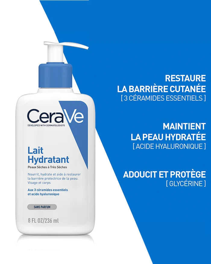 CERAVE Lait Hydratant Corps 3 bénéfices texture fluide hydratation 24h céramides peau douce hydratée protégée confort - novaparapharmacie