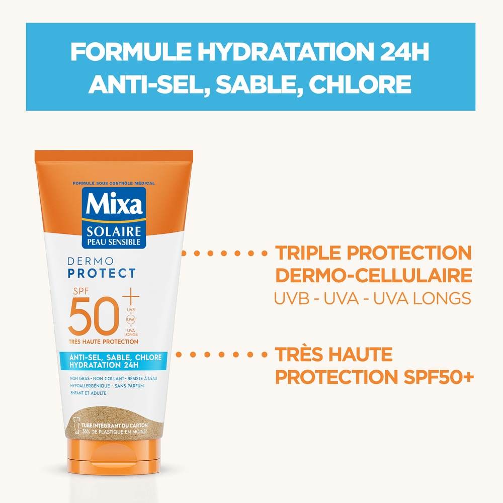 MIXA Solaire Lait Anti-Sable SPF50+ 175ml Protection Solaire Très Haute Résistant Eau Sable Formule Innovante Plage - Nova Parapharmacie