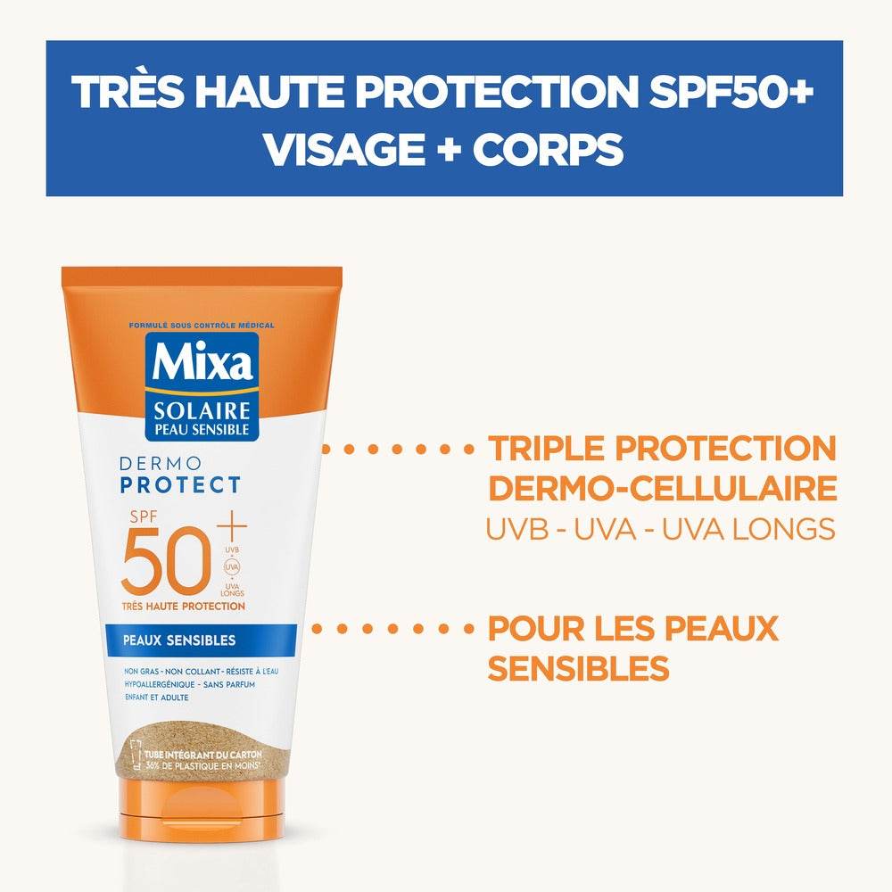 MIXA Solaire Lait Peaux Sensibles SPF50+ 175ml Protection Solaire Hypoallergénique Zinc Panthénol Résistant Eau - Nova Parapharmacie