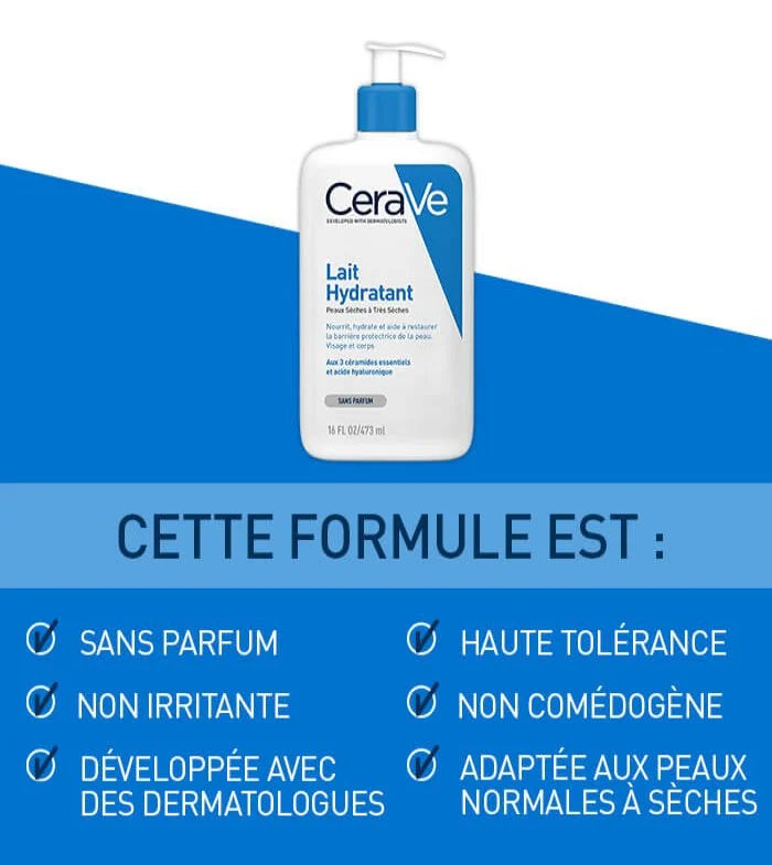 CERAVE Lait Hydratant Corps bénéfices texture fluide hydratation 24h céramides peau hydratée douce confort longue durée - novaparapharmacie
