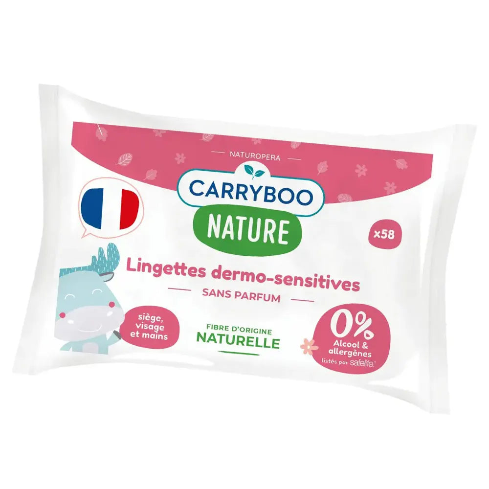 CARRYBOO Lingettes Dermo-Sensitives Sans Parfums 58 Pièces lingettes bébé sans parfums dermo-sensitives peaux fragiles texture douce - novaparapharmacie