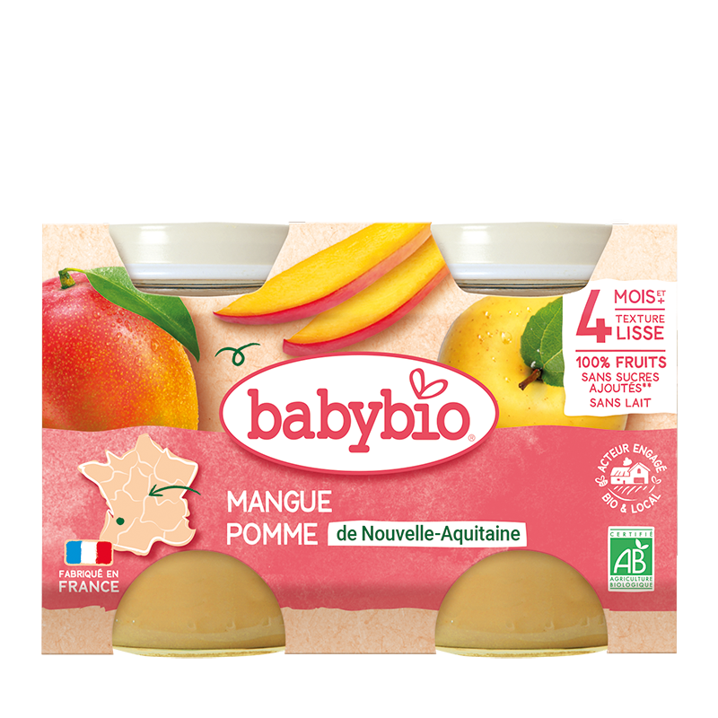 BABYBIO Petit Pot Mangue Pomme 2x130g bio fruits bébé dès 6 mois alimentation infantile texture adaptée sans sucre ajouté - novaparapharmacie