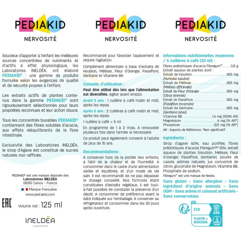 Flacon Pediakid Sirop Nervosité 125ml complément enfants stress plantes magnésium goût agréable sommeil paisible - novaparapharmacie