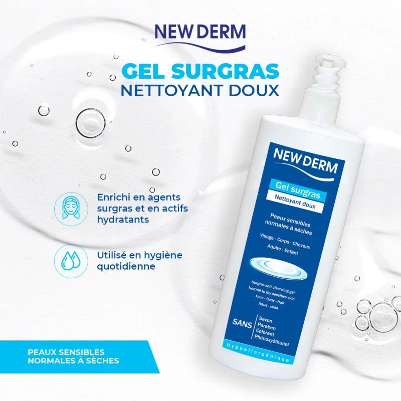 NEW DERM Gel Surgras 500ml Nettoyant Doux Peaux Sensibles Normales Sèches Hygiène Quotidienne