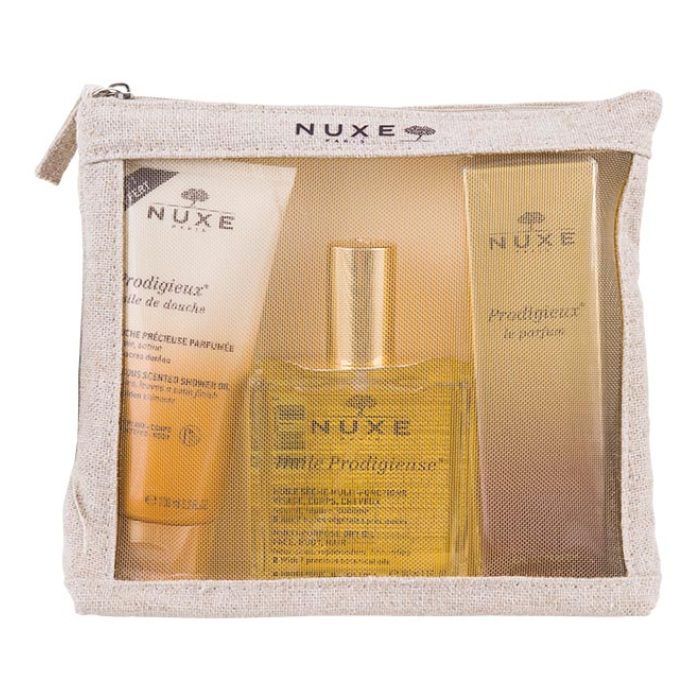 NUXE PRODIGIEUX Trousse Fragrant Travels coffret huile prodigieuse 100ml parfum 30ml huile douche 100ml trio prodigieux 3 produits iconiques cadeau - novaparapharmacie