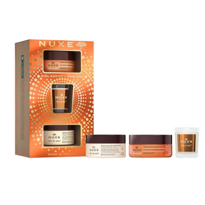 Nuxe Coffret Gommage gourmand nourrissant corps + Baume-huile corps + Bougie