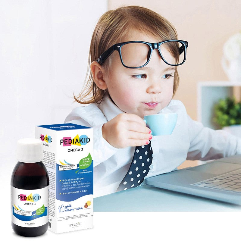 Flacon Pediakid Omega3 Sirop 125ml complément enfants DHA oméga-3 développement cérébral goût agréable concentration - novaparapharmacie