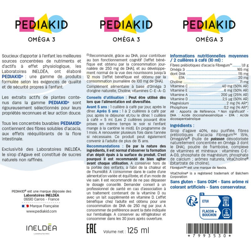 Utilisation Pediakid Omega3 Sirop cuillère enfant DHA développement cérébral concentration oméga-3 quotidien - novaparapharmacie