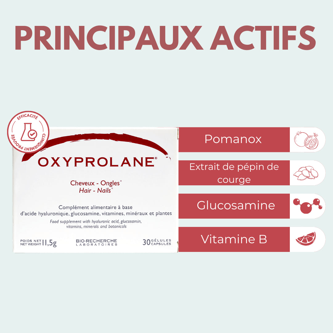 Complément BIO RECHERCHE Oxyprolane Cheveux & Ongles 30 Gélules alimentaire pousse cheveux fortification oxyprolane biotine zinc - novaparapharmacie