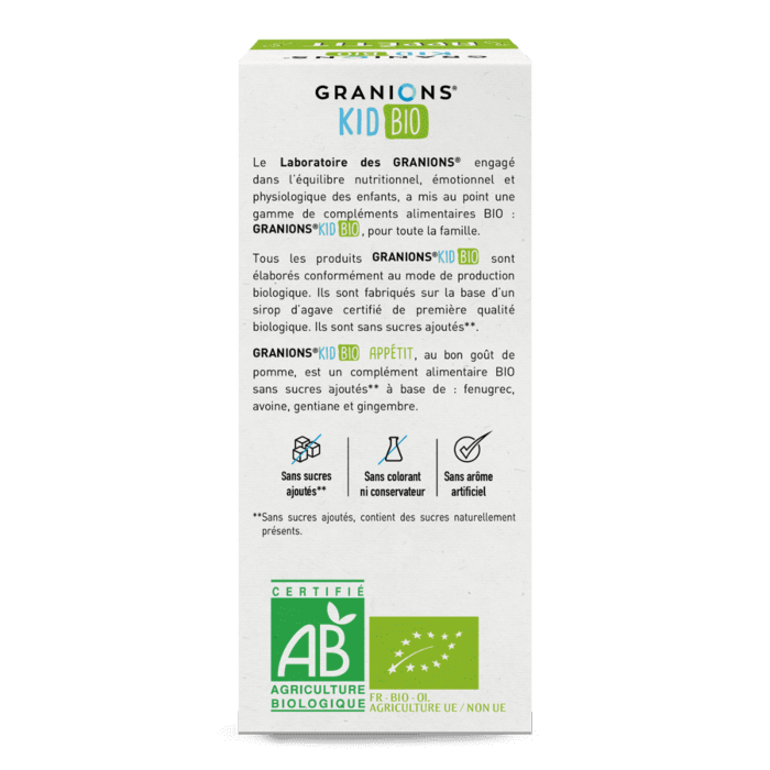 Granions Kid Bio Appétit 125ml solution buvable plantes goût pomme stimule appétit enfants extraits bio fenugrec gentiane naturel - novaparapharmacie