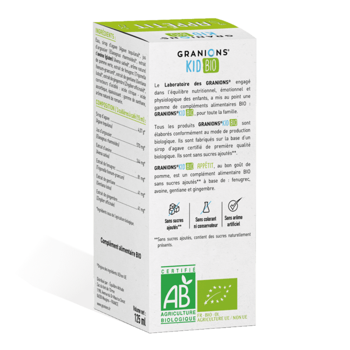 Granions Kid Bio Appétit 125ml solution buvable plantes goût pomme stimule appétit enfants extraits bio fenugrec gentiane naturel - novaparapharmacie