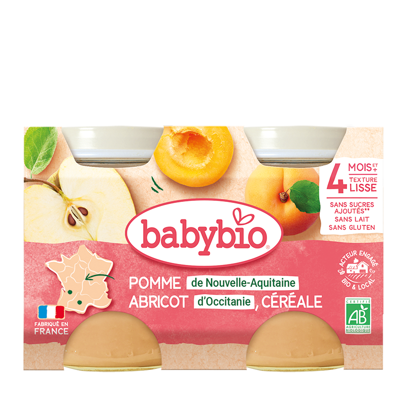 BABYBIO Petit Pot Pomme Abricot Céréales 2x130g bio fruits bébé dès 6 mois pomme abricot céréales bio texture adaptée - novaparapharmacie