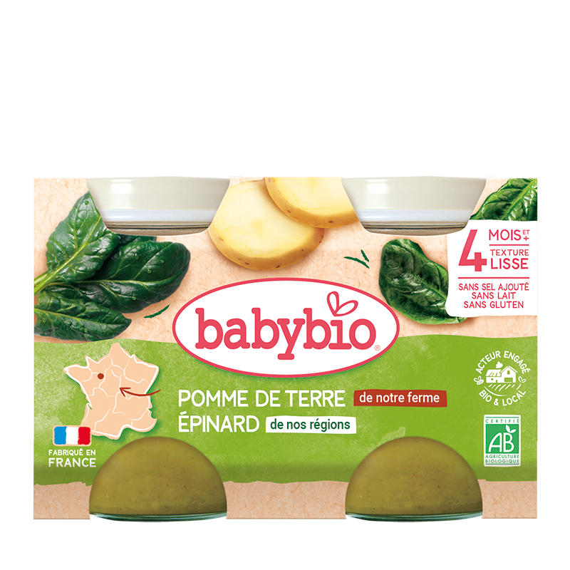 Babybio Pot Pomme de Terre Épinard Bio 2x130g purée bébé dès 4 mois légumes biologiques sans sel ajouté - novaparapharmacie