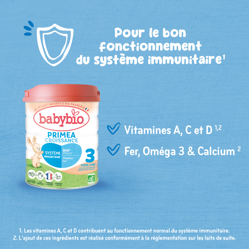 BABYBIO Primea 3 Lait Croissance 800g bio lait infantile 3ème âge 10 mois et plus croissance vitamines minéraux bio - novaparapharmacie