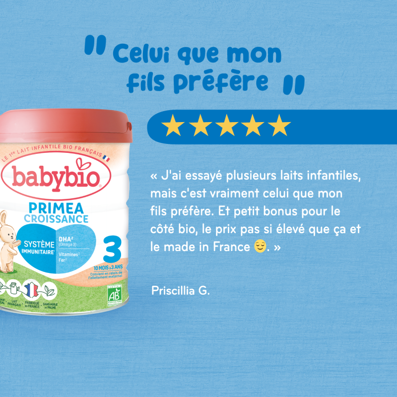BABYBIO Primea 3 Lait Croissance bio 800g 3ème âge 10 mois et plus lait infantile croissance agriculture biologique - novaparapharmacie