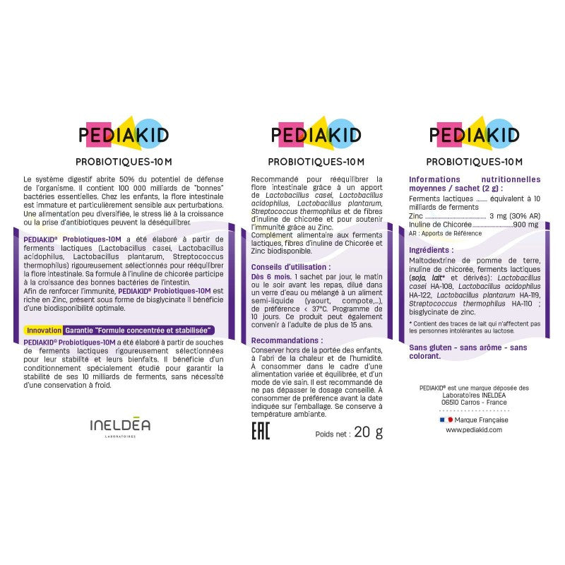 Sachets Pediakid Probiotiques 10M ferments lactiques flore intestinale enfants immunité digestion format pratique - novaparapharmacie