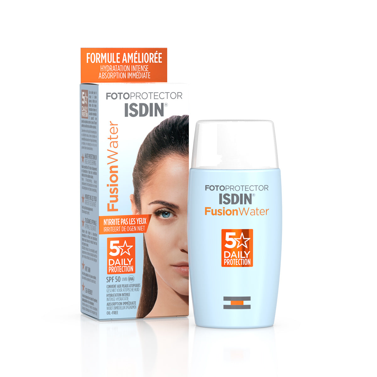 ISDIN Fotoprotector Fusion Water SPF50 50ml protection solaire texture aqua ultra-légère tube blanc bleu absorption immédiate