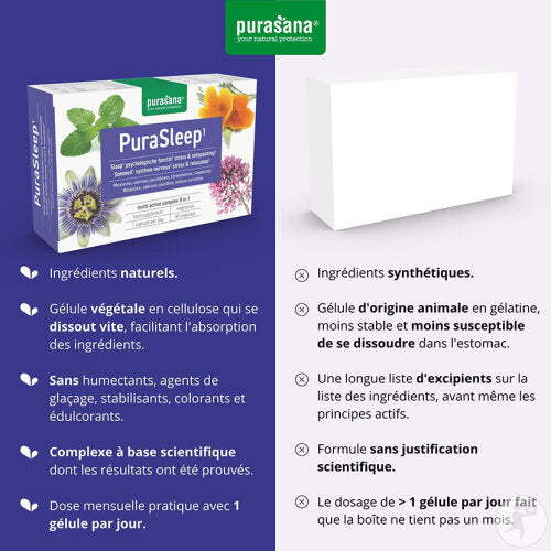  Mode emploi Purasana Purasleep 30 Vegacaps 1-2 gélules 30 minutes avant coucher cure 30 jours sommeil - novaparapharmacie