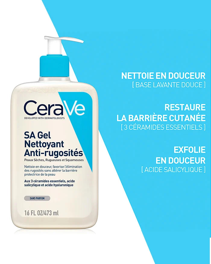 CERAVE SA Gel Nettoyant Anti-Rugosités 3 bénéfices exfoliation douce acide salicylique céramides peau lisse nette - novaparapharmacie