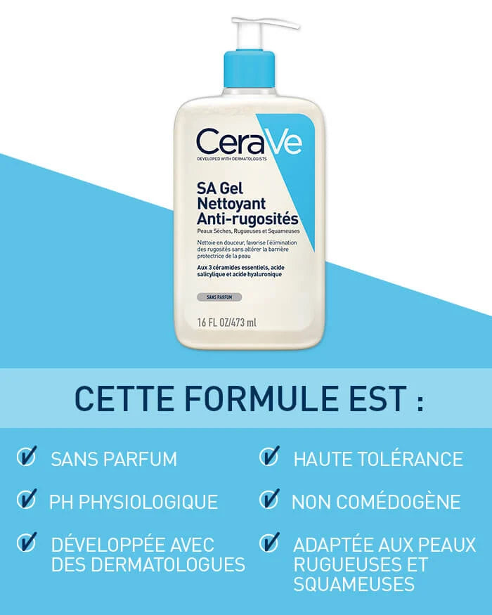 CERAVE SA Gel Nettoyant Anti-Rugosités bénéfices exfoliation douce acide salicylique céramides peau douce uniforme - novaparapharmacie